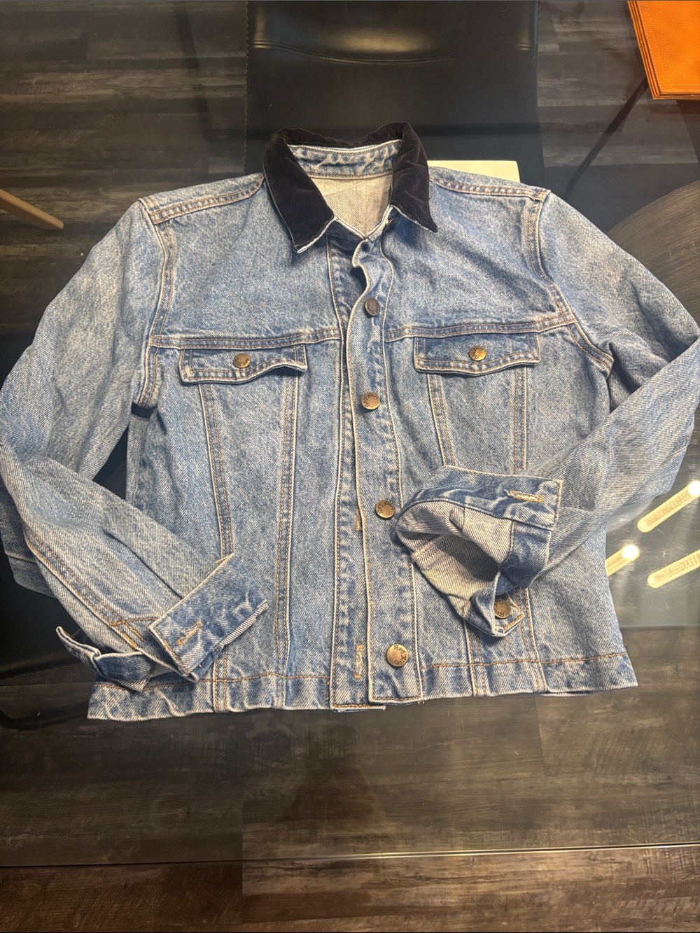 Paris Blues Light Wash Denim Jacket with Black Velvet Collar